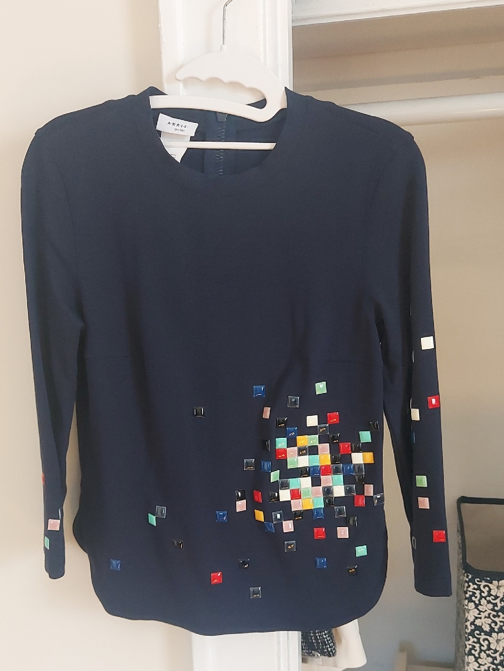 Akris Punto Navy Top with Multicolor Square Stud Embellishments
